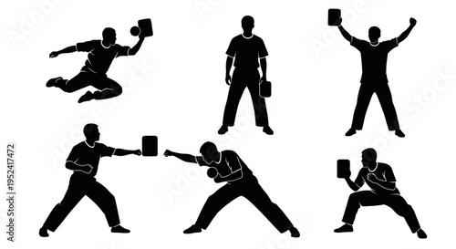 Martial Arts Silhouette: Dynamic Kicks, Punches, and Jumps in Combat Poses