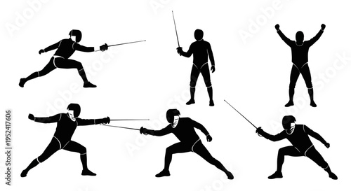Fencing Silhouette Set: Athletes in Action Poses, Sword Fighting, Sport Competition
