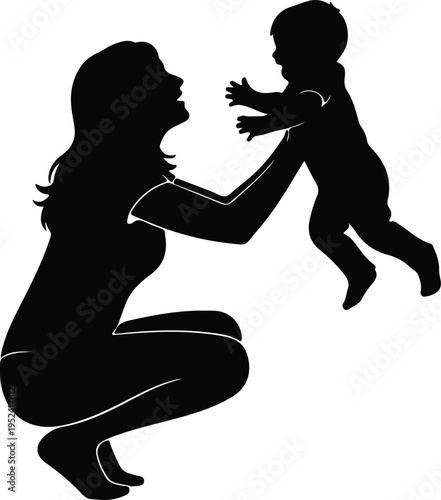 Silhouette mother lifts happy baby boy in arms vector design