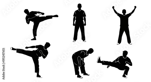 Martial Arts Silhouette Set: Kicking, Standing, and Training Poses