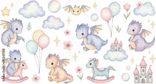 Whimsical illustration of dragons and rocking horses in a fantasy world with clouds castles and balloons