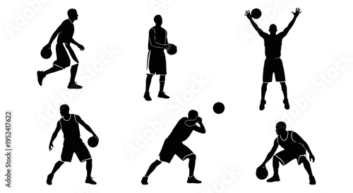 Basketball Player Silhouettes: Dribbling, Shooting, and Jumping Poses