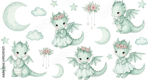 Whimsical illustration of five green dragons surrounded by celestial objects and flowers