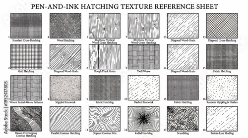 Pen and ink hatching texture reference sheet for artists and designers