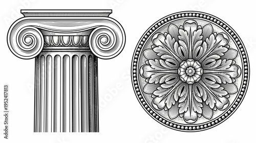 Detailed illustration of classical architectural elements, featuring an Ionic column capital and an ornate decorative rosette