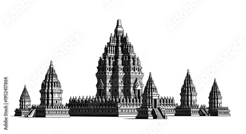 Detailed Illustration of the Prambanan Temple Complex in Indonesia.