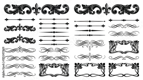 Elegant concept of vintage vector ornate dividers and decorative calligraphic borders for classic design projects