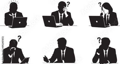 Silhouettes of business people with question marks and laptops