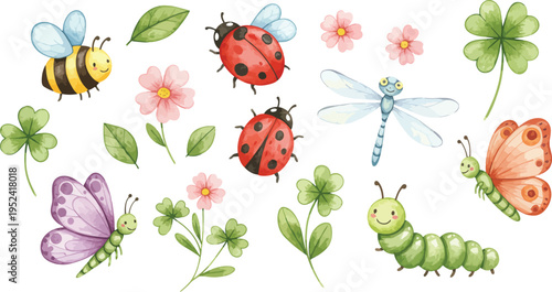 Whimsical illustration of garden insects and flowers with butterflies and ladybugs