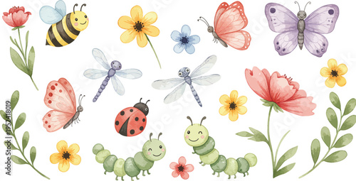 Watercolor illustration of garden insects and flowers with ladybug butterfly dragonfly bee caterpillar