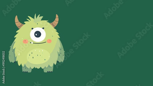 Cute green one eyed monster character with horns and fluffy fur simple flat vector illustration isolated on dark green background for kids design mascot sticker cartoon creature.