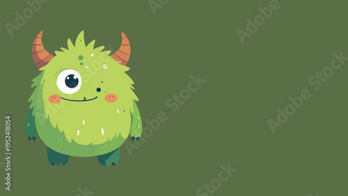 Cute fluffy green monster with one eye and horns cartoon vector illustration smiling fantasy creature isolated on green background for kids design mascot sticker playful character.