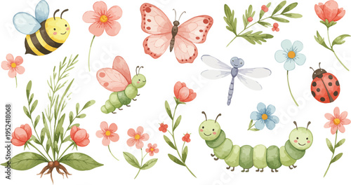 Whimsical illustration of garden insects and flowers with butterfly bee ladybug
