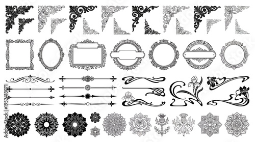 Collection of decorative flourishes, borders, and ornaments for design and embellishment