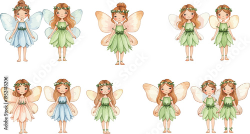 Eight different cartoon fairy illustrations in various green and blue dresses and hairstyles