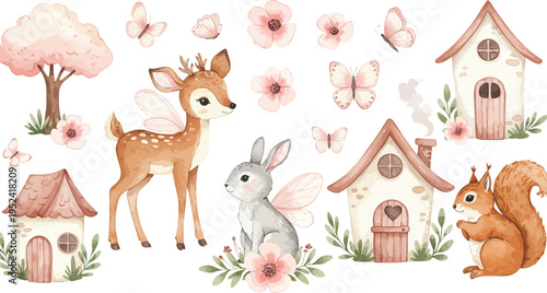Whimsical forest animals and houses in a soft watercolor illustration with trees and flowers