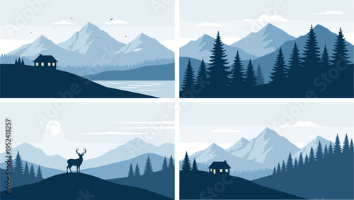 Mountain landscape collection vector, alpine forest scenes with cabin and deer, serene nature backgrounds, outdoor wilderness illustration set, panoramic design