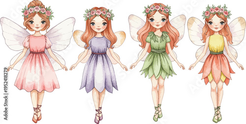 Four beautiful fantasy fairies with colorful dresses and flowers in hair