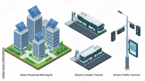 Sustainable Smart City Infrastructure Isometric Set Solar Power, Electric Transit, and Intelligent Traffic Management