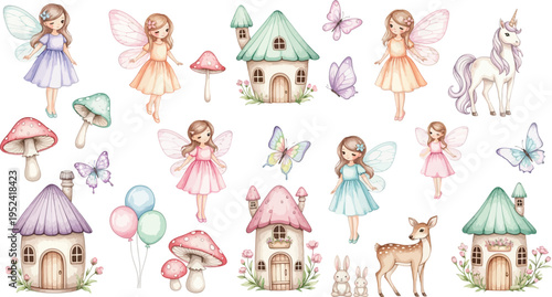 Whimsical fairy tale princesses castles and animals in a magical fantasy world illustration
