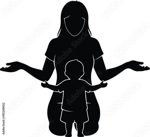 Silhouette of mother and child with open arms vector design