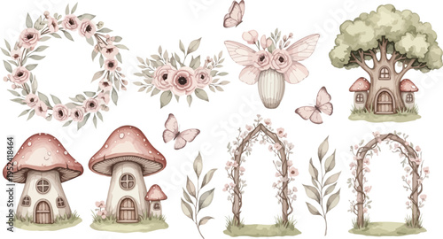 Whimsical fairy tale scene with mushroom houses and floral wreaths and archways in a magical forest setting