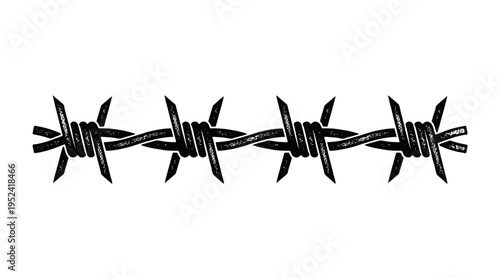 Close-up shot of a segment of black barbed wire against a white background