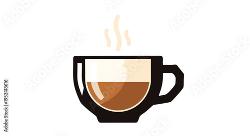 A simple, cartoon illustration of a coffee cup filled with layered beverages. Steam rises from the top, indicating warmth. It sits on a white background