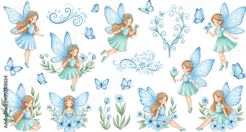 Whimsical illustration of fairies and butterflies in a floral environment with magic elements and dreamy scenery