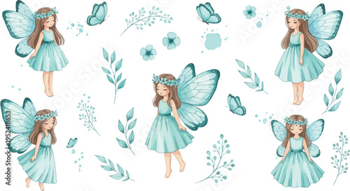 Whimsical illustration of multiple fairies in mint green dresses and flowers