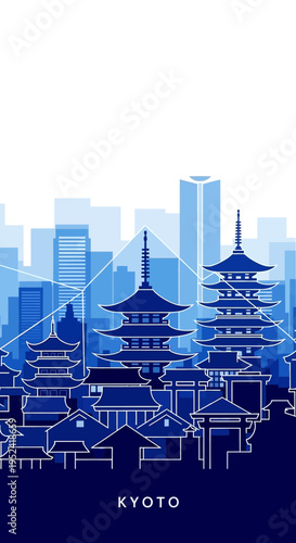 Vector illustration of Kyoto cityscape with pagodas and skyscrapers isolated on White Background