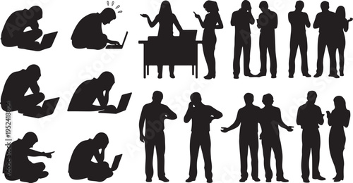 Silhouettes of people in various work and communication settings