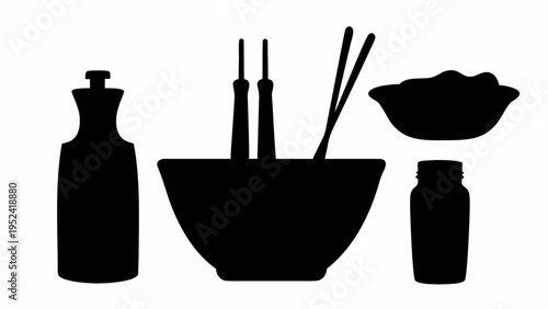 Asian kitchen icons set including wok chopsticks sauce bottle and spice jar on white background