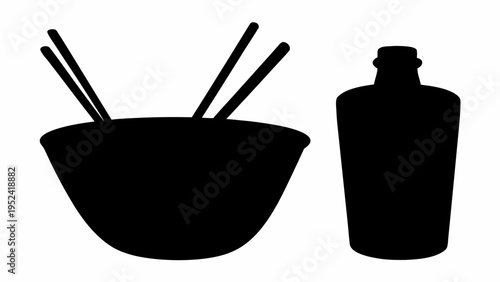 Asian kitchen icons set featuring a black bowl with chopsticks and a bottle on white background for culinary designs