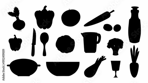 Black silhouettes of kitchen utensils and vegetables on white background for healthy cooking and recipe design