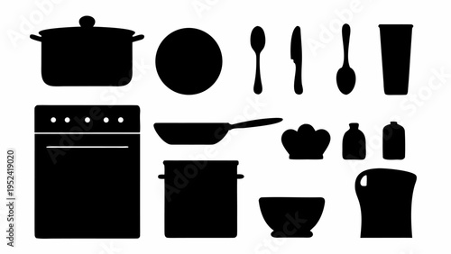 Black kitchen utensils and cookware icons set including pots pans on stove