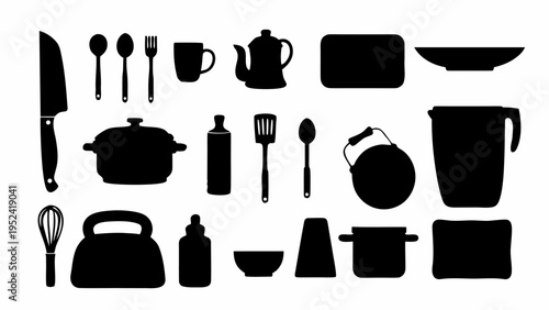 Kitchen utensils and dishes icon set in black silhouette on white background for cooking and dining