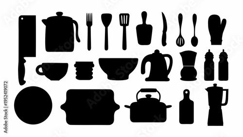 Kitchen utensils and dishware icons set including cutlery pots pans plates and cups in black silhouette on white
