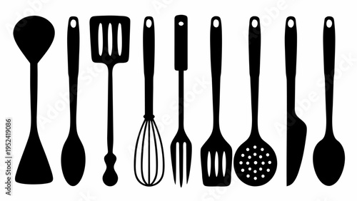 Kitchen utensil icons set including spoons spatulas whisks and forks on white background for cooking and recipe design
