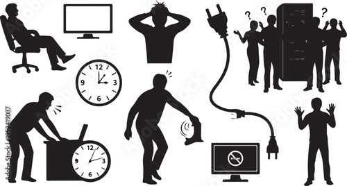 Stress at work office concept with frustrated employees silhouettes