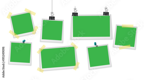 Photo Frame Background Mockup, Polaroid Pictures Collage with Tape and Clips Layout