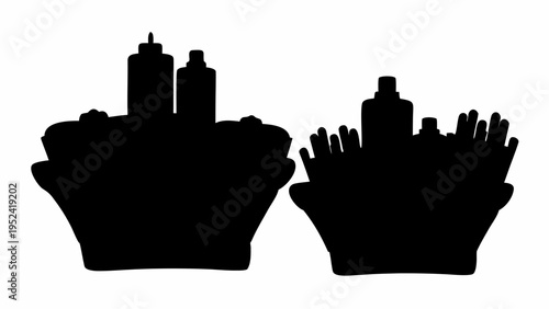 Black silhouettes of burgers with condiments and city skyline icons for street food kitchen