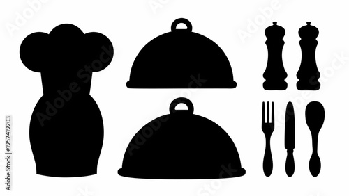 Black silhouettes of chef hat serving dishes utensils and seasonings on white background for restaurant and food service