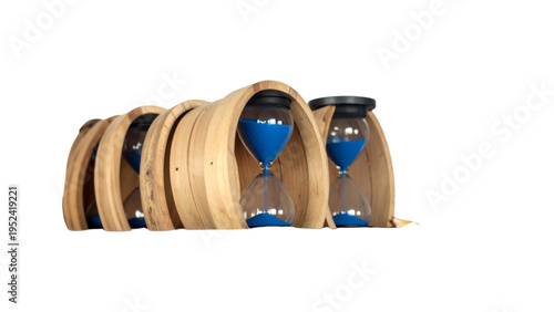 Set of hourglass icons showing different stages of flowing blue sand for time management countdown and deadline concept isolated on white background
