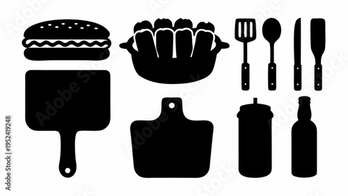 Black icons of street food kitchen items including burgers hot dogs utensils