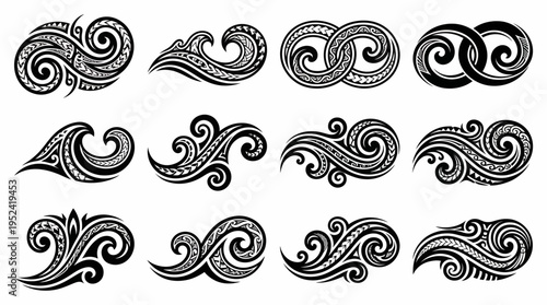 Collection of stylized tribal wave patterns and traditional Polynesian style decorative elements for design