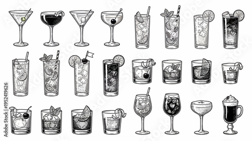 Collection of various types of alcoholic and non-alcoholic beverages in glasses