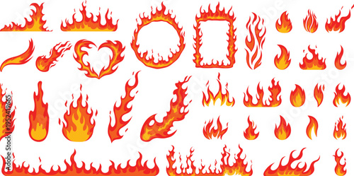 Fire Flames Collection, Cartoon Flame Elements and Burning Effect Set