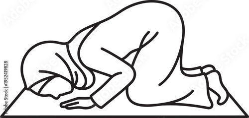 Muslim Woman Praying Salah Islamic Prayer Positions Line Art Vector Set with Hijab Prayer Mat Ruku Sujud Dua Ramadan Eid Religious Worship Outline Illustration