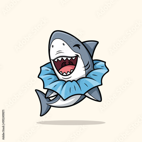 A cartoon-style shark, winking with a wide smile, wearing a ruffled blue collar. It is floating with a shadow